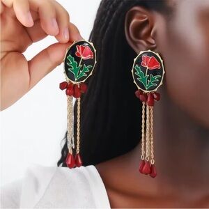Zara Red and Green Floral Enamel Drop Earrings